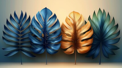 A set of abstract tropical leaves in earth tones. Ideal for backgrounds, packaging, cards, cosmetics, spa, beauty care products.