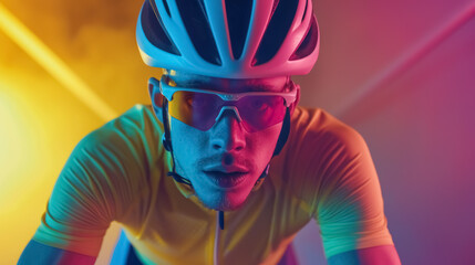tour de france cyclist in the winner yellow jersey under colorful neon lighting