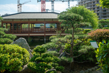 Amazing Japanese garden with pond and lantern  and topiary pine trees and pavilion