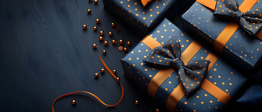 Father's Day concept with gift boxes, bow ties, and dark blue background theme. Suitable for banners and designs related to appreciation and celebration of fathers.