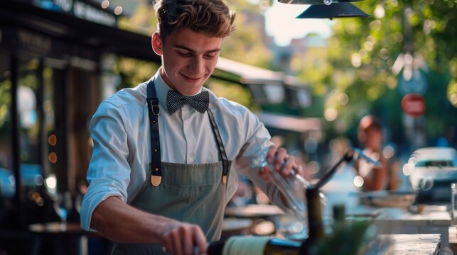 In the city, a young man in an apron and bow tie is happily pouring liquid into a glass at a culinary event, showcasing his expertise in cuisine service with a smile