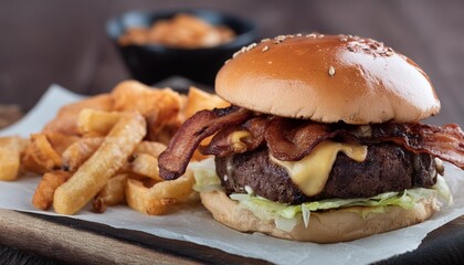 bacon and sauteed onions enhance a cheeseburger accompanied by seasoned french fries