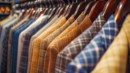 Obraz premium Elegant array of vintage men's jackets in various checkered patterns, neatly displayed on wooden hangers