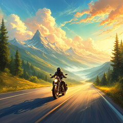 A person riding a motorcycle on a winding road, surrounded by majestic mountains and lush greenery under a clear blue sky with clouds.