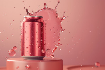 parkling water splash around a soda can mockup on a pink background