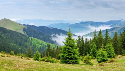 mountain landscape with coniferous forest and foggy sky