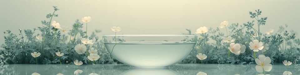 Panoramic tranquil spa setting featuring a clear glass bowl surrounded by delicate white flowers and lush greenery in a serene, misty atmosphere, perfect for wellness and meditation backgrounds