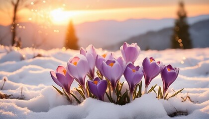 violet crocus with snow at sunrise first blooming snowdrop flowers in spring