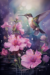 The hummingbird flower  print, in the style of light purple and green, realistic seascapes, storybook illustrations, brushstroke fields, light brown and navy