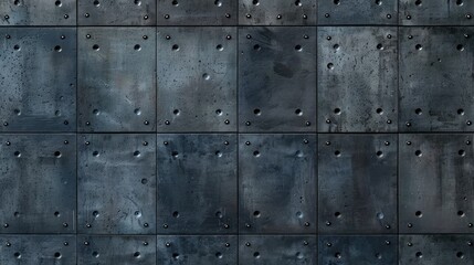 Fototapeta premium A wall made of metal studs with a lot of holes. The wall is very dark and has a lot of texture