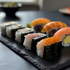 Sushi Platter with Various Types of Sushi, Pickled Ginger, Wasabi, and Soy Sauce
