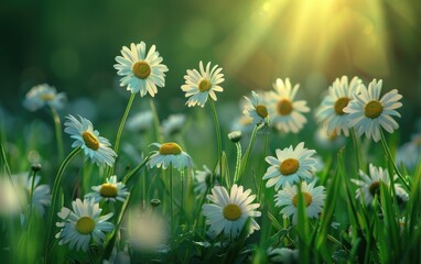 Daisies in a sunlit meadow, glowing against a backdrop of vivid green.