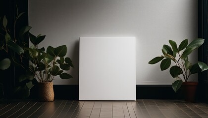 a blank white mockup canvas rests on the floor against a white wall presenting a minimalist and clean setting for showcasing artwork or photographs photorealistic illustration