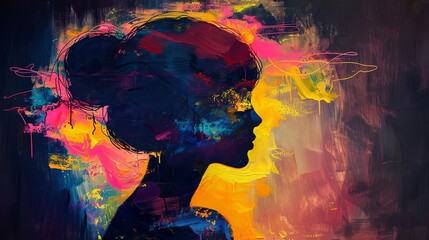 Painting featuring a silhouette portrait of a female profile on a dark background with bright splashes of paint. Illustration for cover, card, postcard, interior design, decor or print.