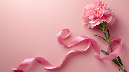 Pink Carnation and Ribbon on Pastel Background for Mother’s Day, with copy space for text