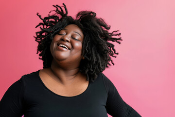Vibrant and joyful dance movement of a confident african plus size woman with curly pink hair. Expressing her exuberance and freedom through dynamic and lively motion. Celebrating with ecstatic energy