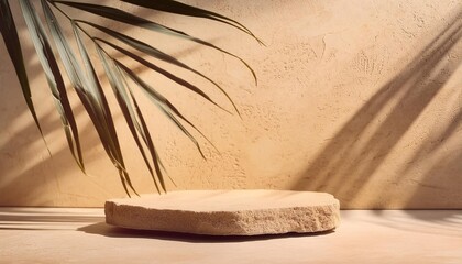 mock up with natural soft shadow from palm leaves for product presentation or showcase on beige...