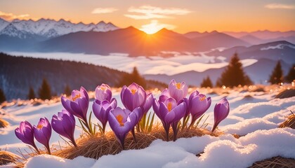 violet crocus with snow at sunrise first blooming snowdrop flowers in spring