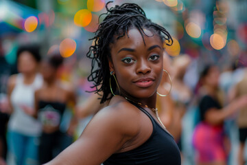 Striking young woman dances with joy, captivating the camera at a vibrant street party with a bokeh of participants behind her