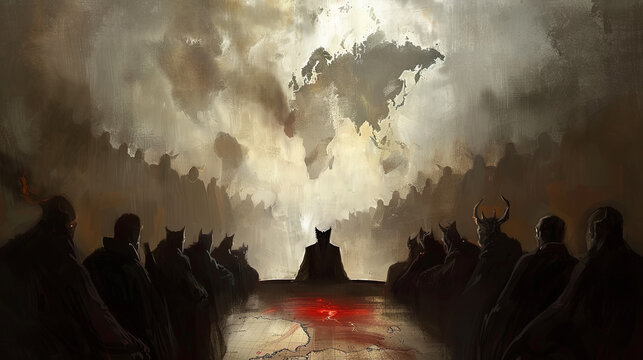A group of men sit around a table with a large map of the world hanging on the wall behind them. A shadow government is plotting to conspire and seize power. The scene is tense and serious.