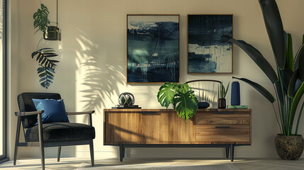 Fototapeta premium Modern design home interior of living room with wooden commode, design black armchair, tropical leafs and elegant accessories. Stylish home decor. Mock up abstract paintings on the wall. Template.
