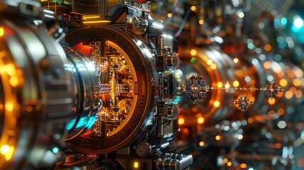 Fototapeta premium A 3D rendering of a complex quantum computer setup with entangled particles and advanced machinery