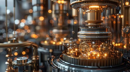 A 3D rendering of a complex quantum computer setup with entangled particles and advanced machinery