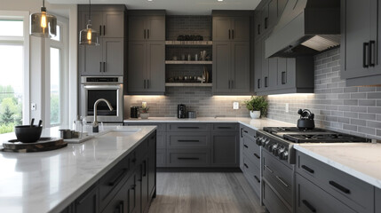 Modern gray kitchen features dark gray flat front cabinets paired with white quartz countertops and a glossy gray linear tile backsplash. Northwest, USA