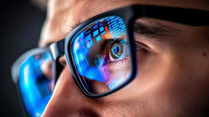Man in glasses in which some data is reflected luminous data. The concept of focus in work. A programmer is studying the code. Illustration for varied design.