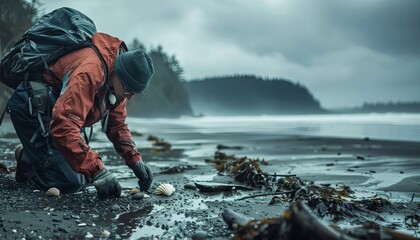 A beachcomber searching for treasures washed ashore by the changing tides, uncovering shells and driftwood