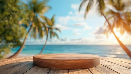 Empty Wooden Podium on Beach with Palm Trees.  Tropical Product Display Concept. Video Background Loop Animation
