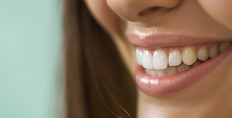 Obraz premium A close-up image accentuating a bright white smile of a young woman against a tranquil pastel green backdrop