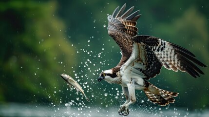 Osprey captures fish and takes flight from the lake
