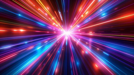 Abstract colorful light rays background with neon lines and glowing speed effects on a black backdrop, red, blue, purple and orange colors design in the style of technology concept