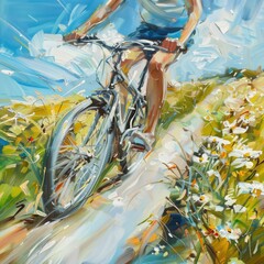 Obraz premium Riding a bicycle through a field of daisies, with the sun shining in the sky and fluffy clouds overhead, feeling the gentle breeze and admiring the beauty of nature AIG50