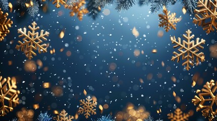 Blue and gold background with golden snowflakes