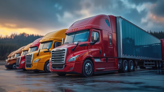 Aerial view of red and blue lorry trucks at parking lot