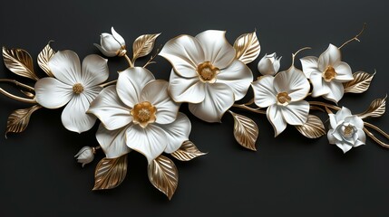 3D floral white and gold design on black background in the style of unknown artist