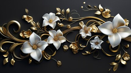 3D floral luxury design with golden swirls and white flowers on a black background