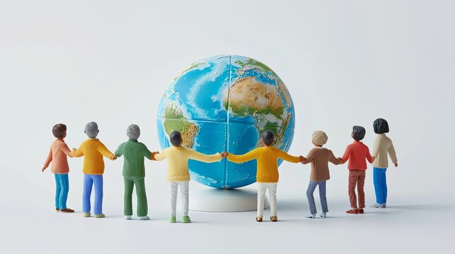 A group of people holding hands around the globe. The concept of unity and oneness, the humanity of people. Illustration for advertising, marketing or presentation.