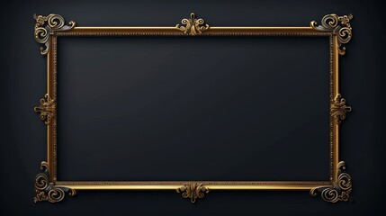 A simple vector golden thin frame with ornaments on the corners, dark background, high resolution, high details, high quality in the style of hyper realistic art - obrazy, fototapety, plakaty