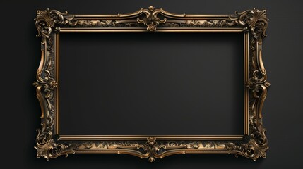 A simple vector golden thin frame with ornaments on the corners, dark background, high resolution, high details, high quality in the style of hyper realistic art - obrazy, fototapety, plakaty