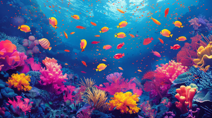 A vivid underwater ecosystem featuring a coral reef teeming with tropical fish and vibrant marine life.
