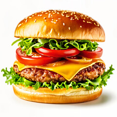 A close-up of a delicious-looking hamburger with a sesame seed bun, topped with lettuce, tomato, and cheese. - obrazy, fototapety, plakaty