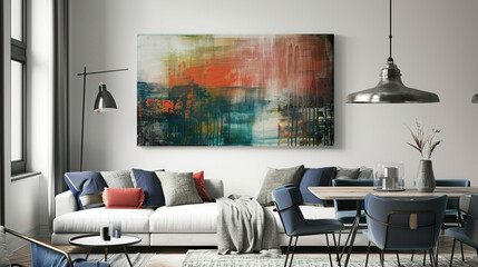 Painting on white wall above sofa with cushions in living room interior with chairs at the table under metal lamp