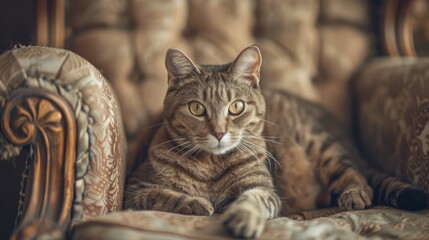 Elegant feline with golden eyes lounging on a chair with vintage filter