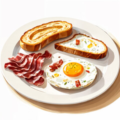 A white plate with various breakfast foods, including bacon, eggs, and bread. - obrazy, fototapety, plakaty
