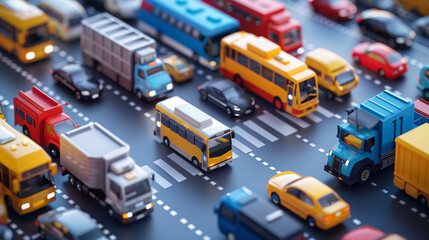 Naklejka premium An overhead view of colorful toy cars, buses, and trucks on a simulated city road layout, depicting urban traffic.