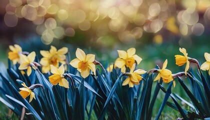wide nature spring background with daffodils flowers