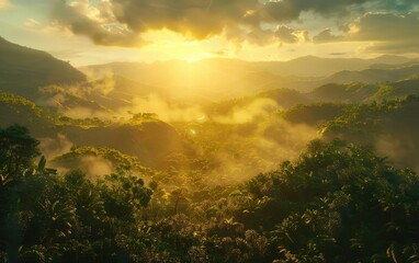 Golden-lit hills with lush forests under a cloud-flecked sky.